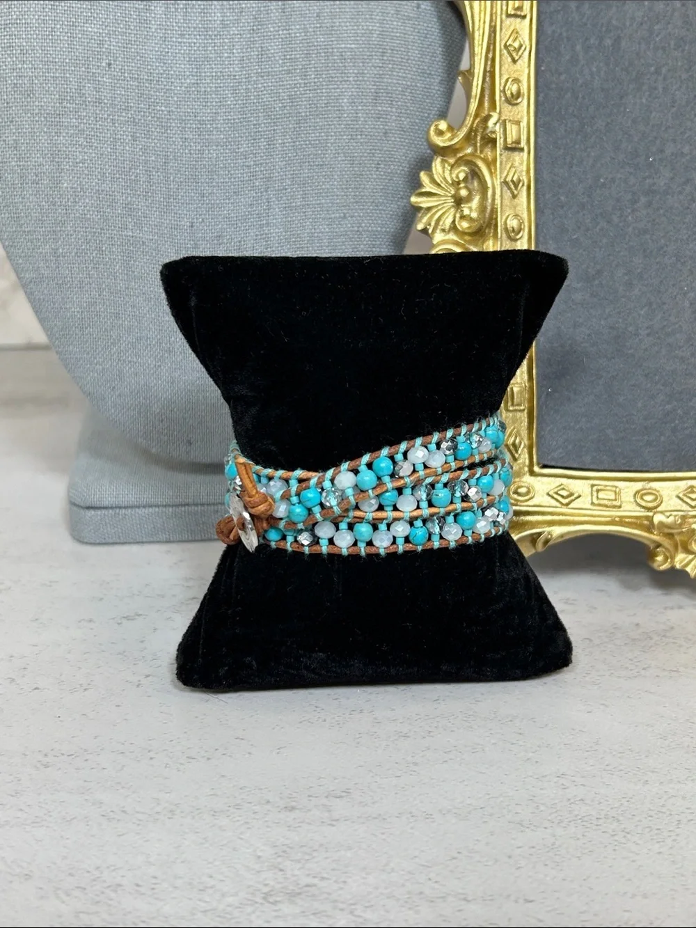 Turquoise Multi-Strand Stone and Crystal Beaded Wrap Bracelet with Brown Leather